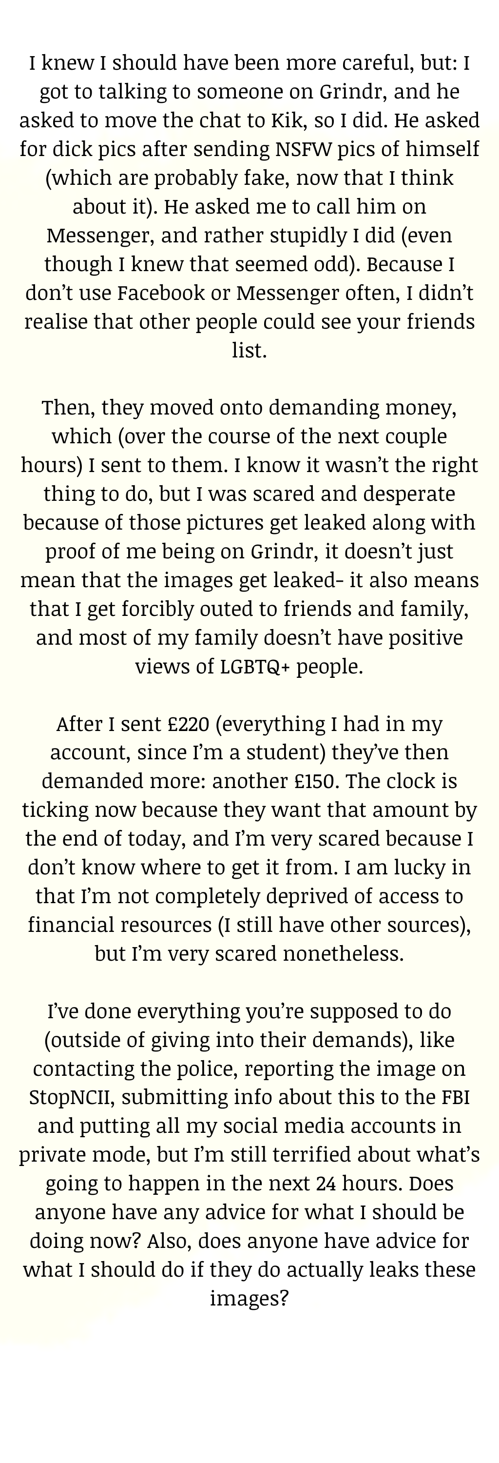 Sextorian Victim testimonial