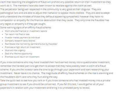 Warning signs of affinity fraud scam
